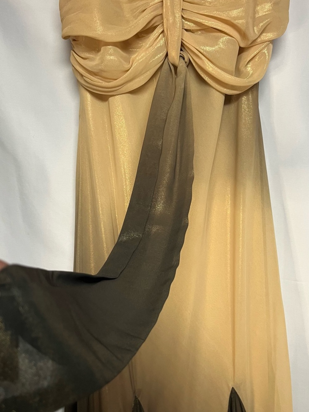S.L. Fashions Shimmery Metallic Chiffon Knot-Front Evening Dress - Picture 5 of 7
